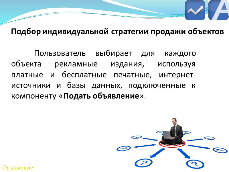 Подбор индивидуальной стратегии продажи объектов  Пользователь выбирает для каждого объекта рекламные издания, используя